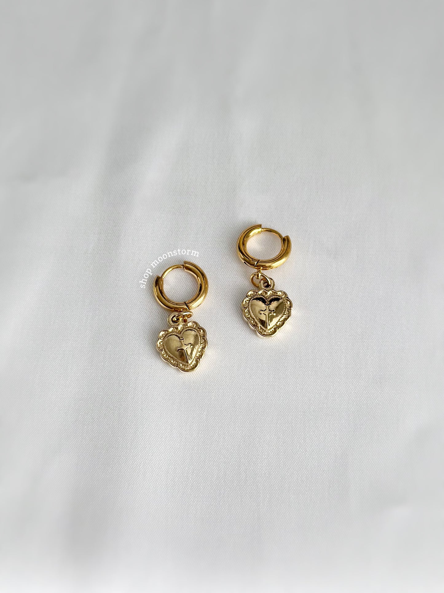 Gold Heart Cross Hoop Earrings
