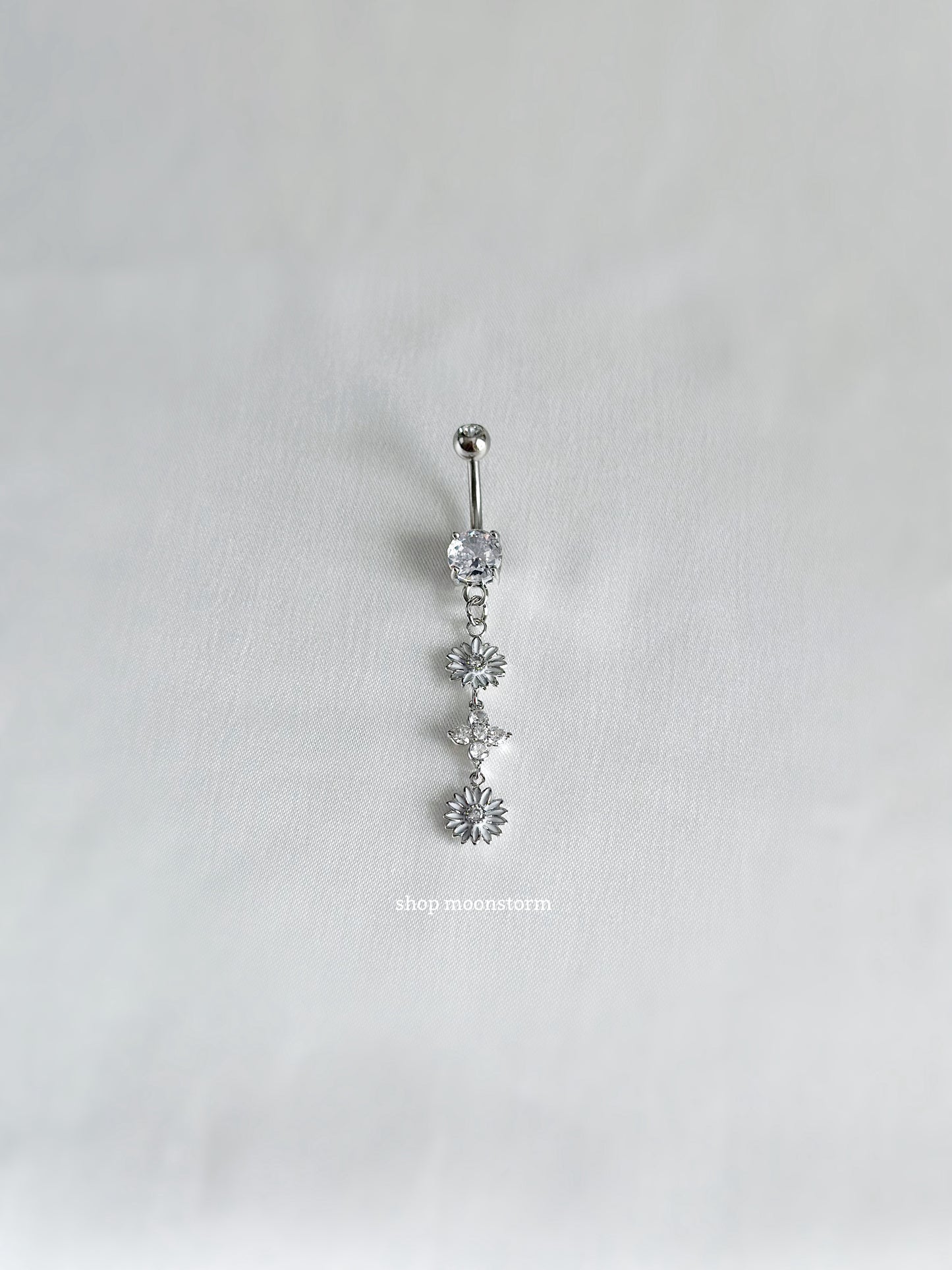 Silver Diamond Flower Dangle Belly Ring