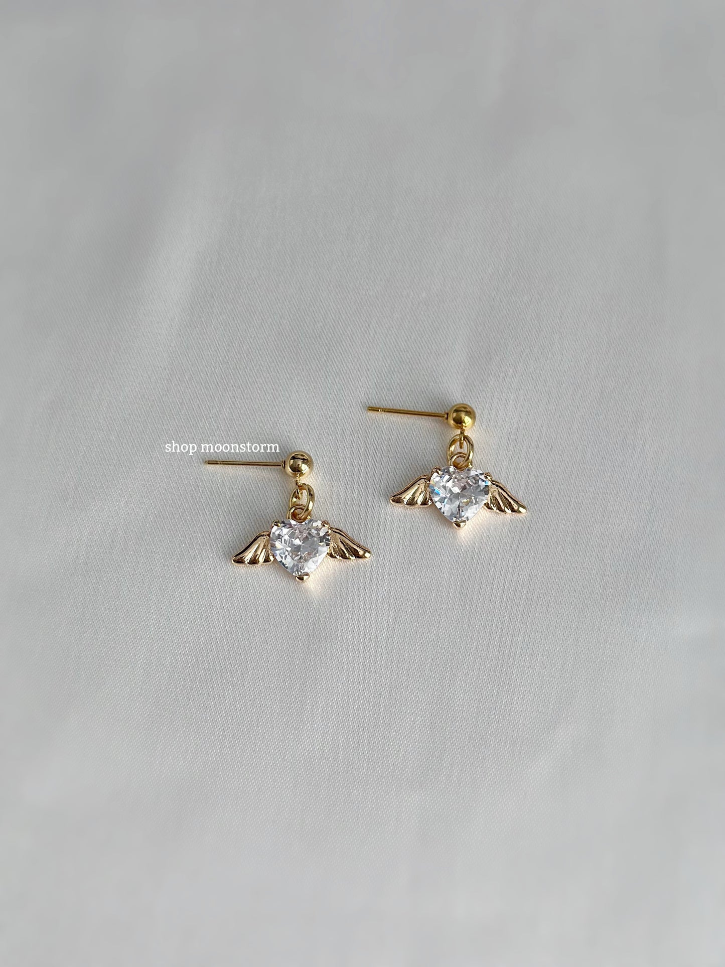 Gold Angel Heart Wings Stud Earrings