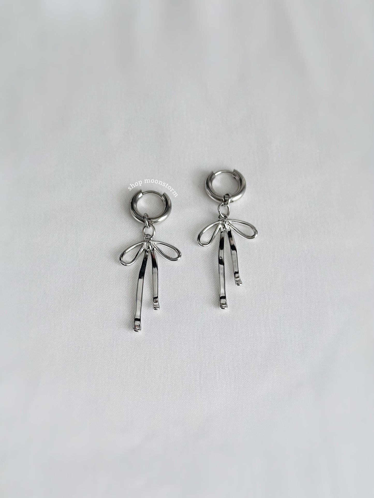 Belle Ribbon Bow Hoop Earrings (Silver Version)