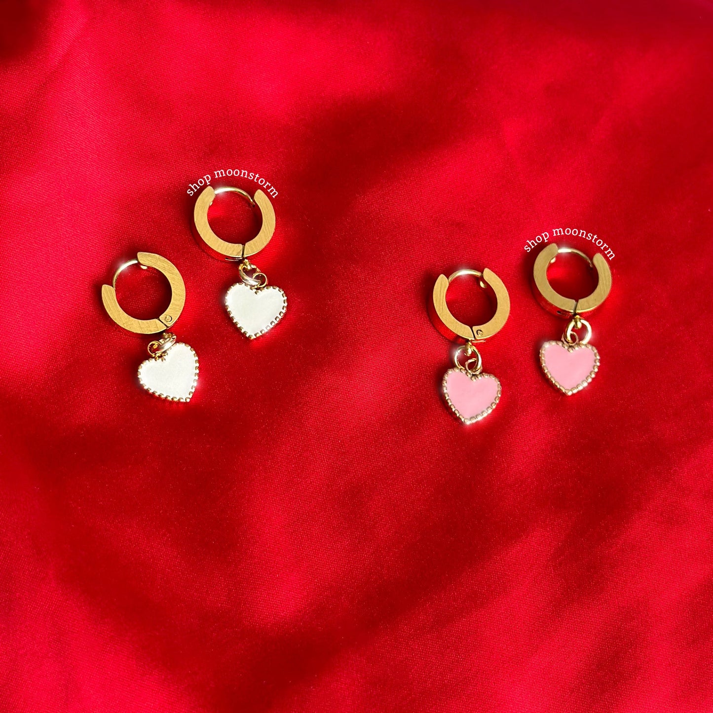 White Heart Hoop Earrings (Gold Version)