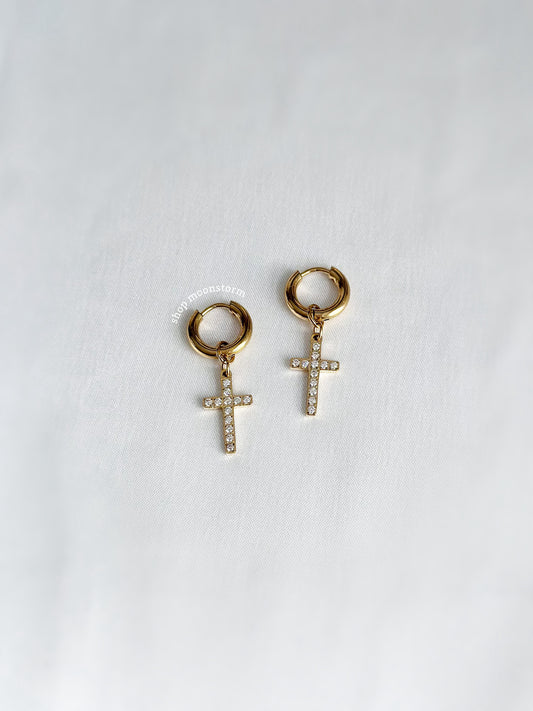 CZ Gold Cross Hoop Earrings