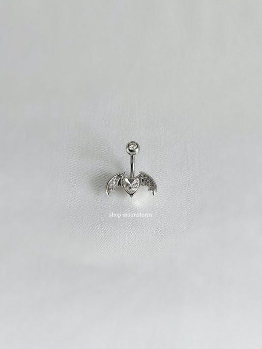 Clear Heart Bat Wing Belly Ring (Silver Version)