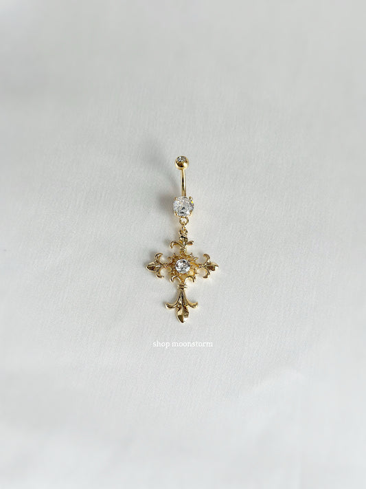 Gold Cross Gem Belly Ring