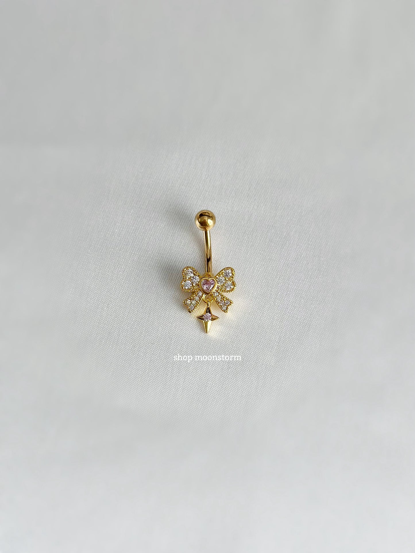 Pink Sparkle Ribbon Bow Belly Ring (Gold Version)