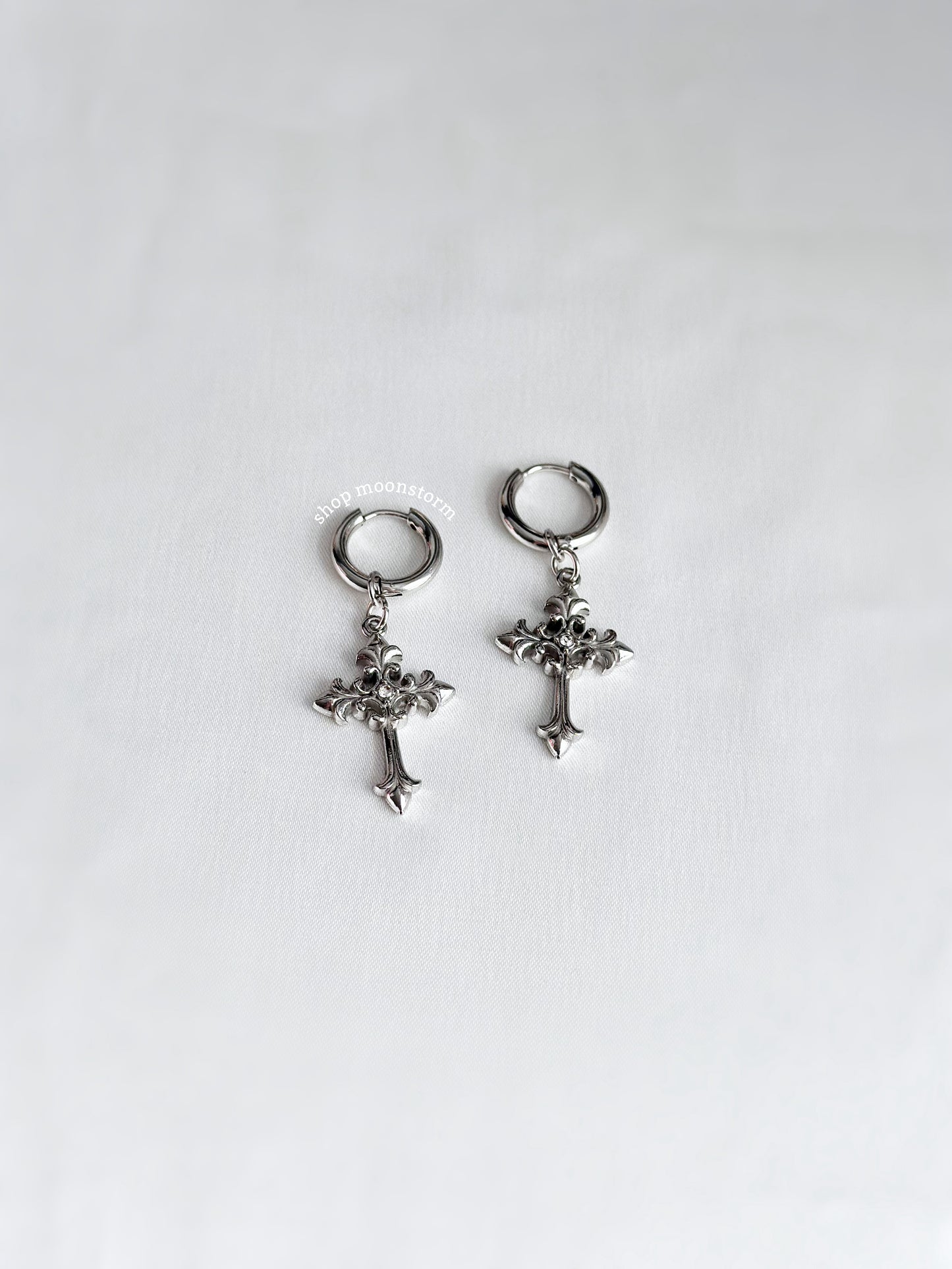 Silver Gothic Cross Hoop Earrings