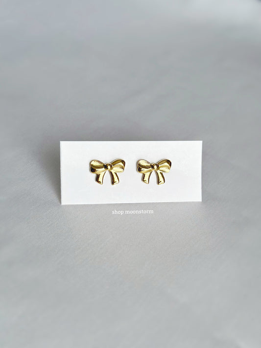 Gold Ribbon Bow Stud Earrings