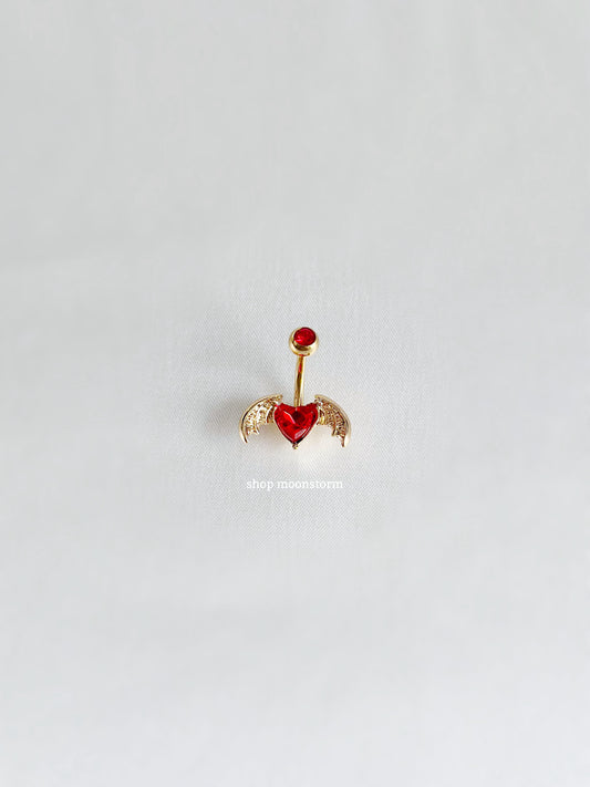 Red Heart Bat Wing Belly Ring (Gold Version)