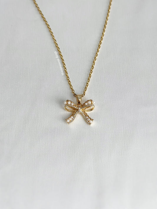 Gold Pearl Ribbon Bow Necklace