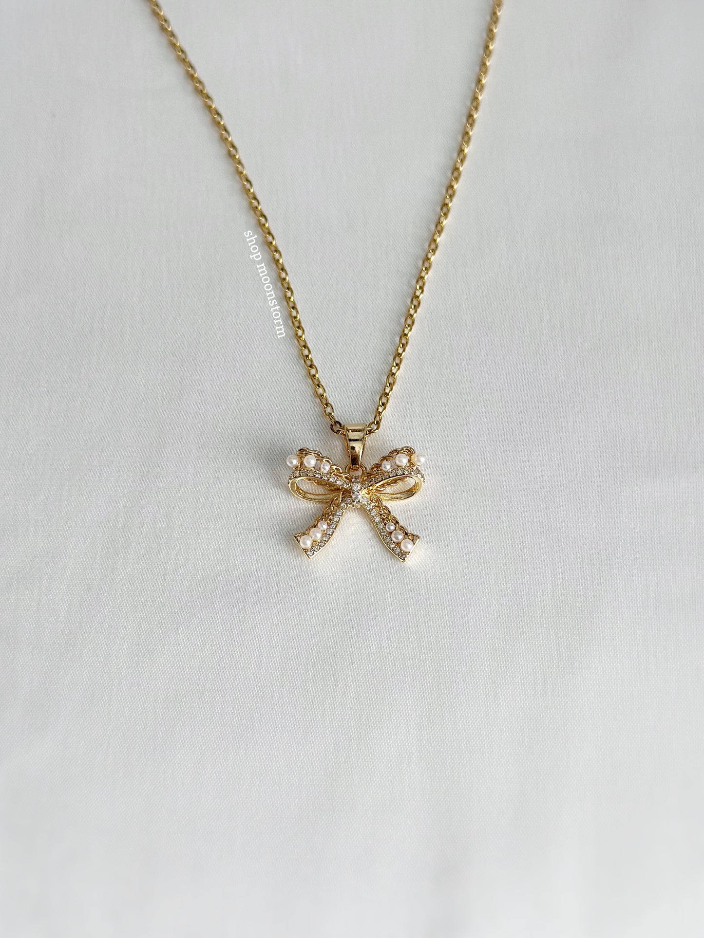 Gold Pearl Ribbon Bow Necklace
