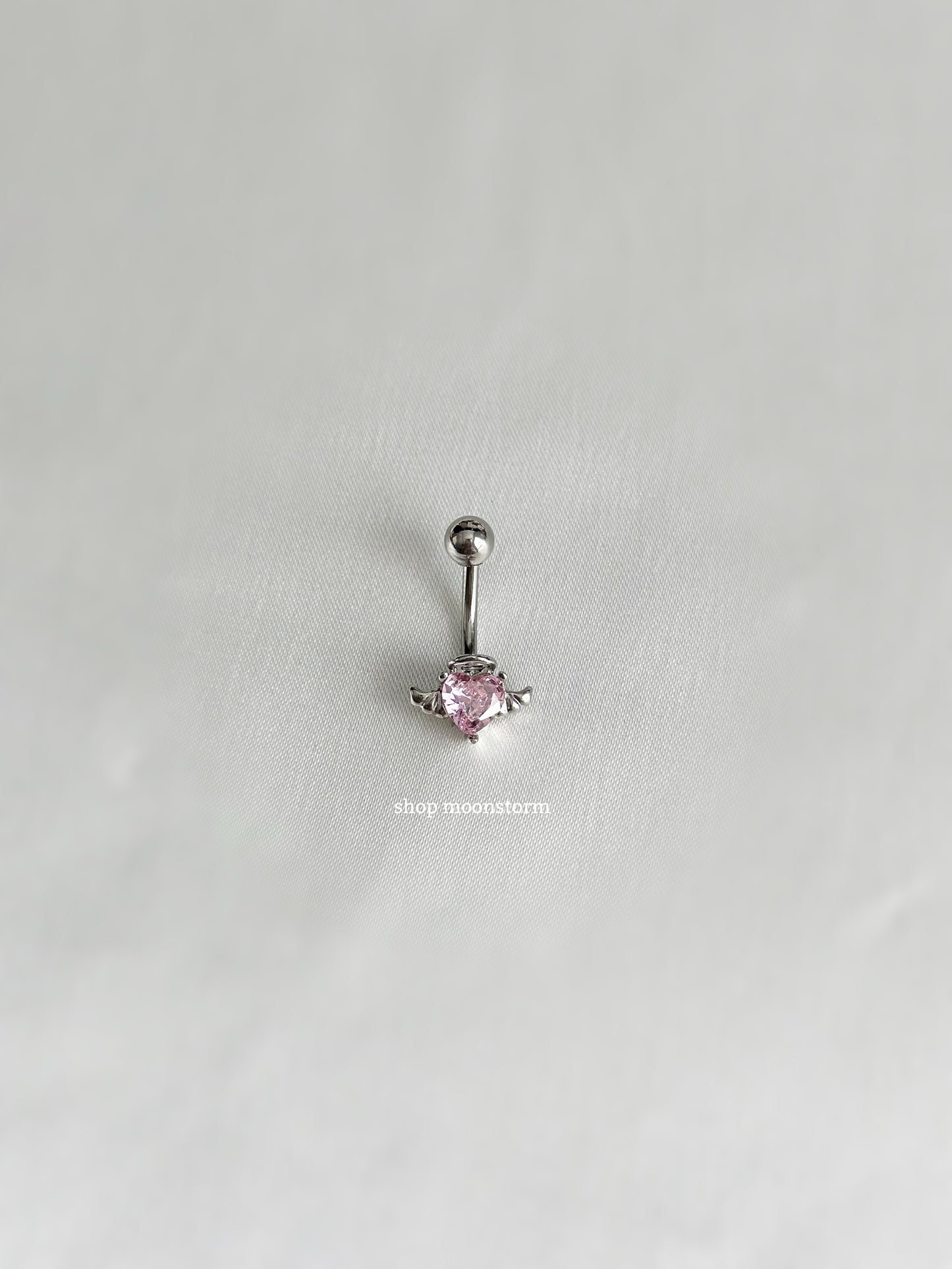 Pink Angel Wing Halo Heart Belly Ring (Silver Version)