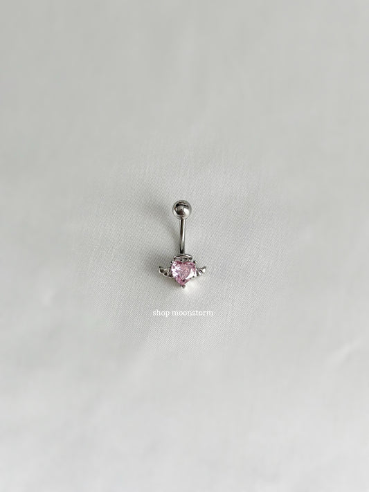 Pink Angel Wing Halo Heart Belly Ring (Silver Version)