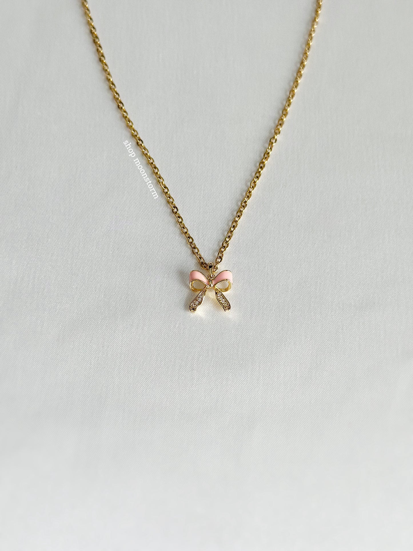 Gold Pink Bow Necklace