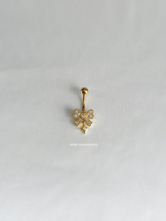 Clear Sparkle Ribbon Bow Belly Ring (Gold Version)