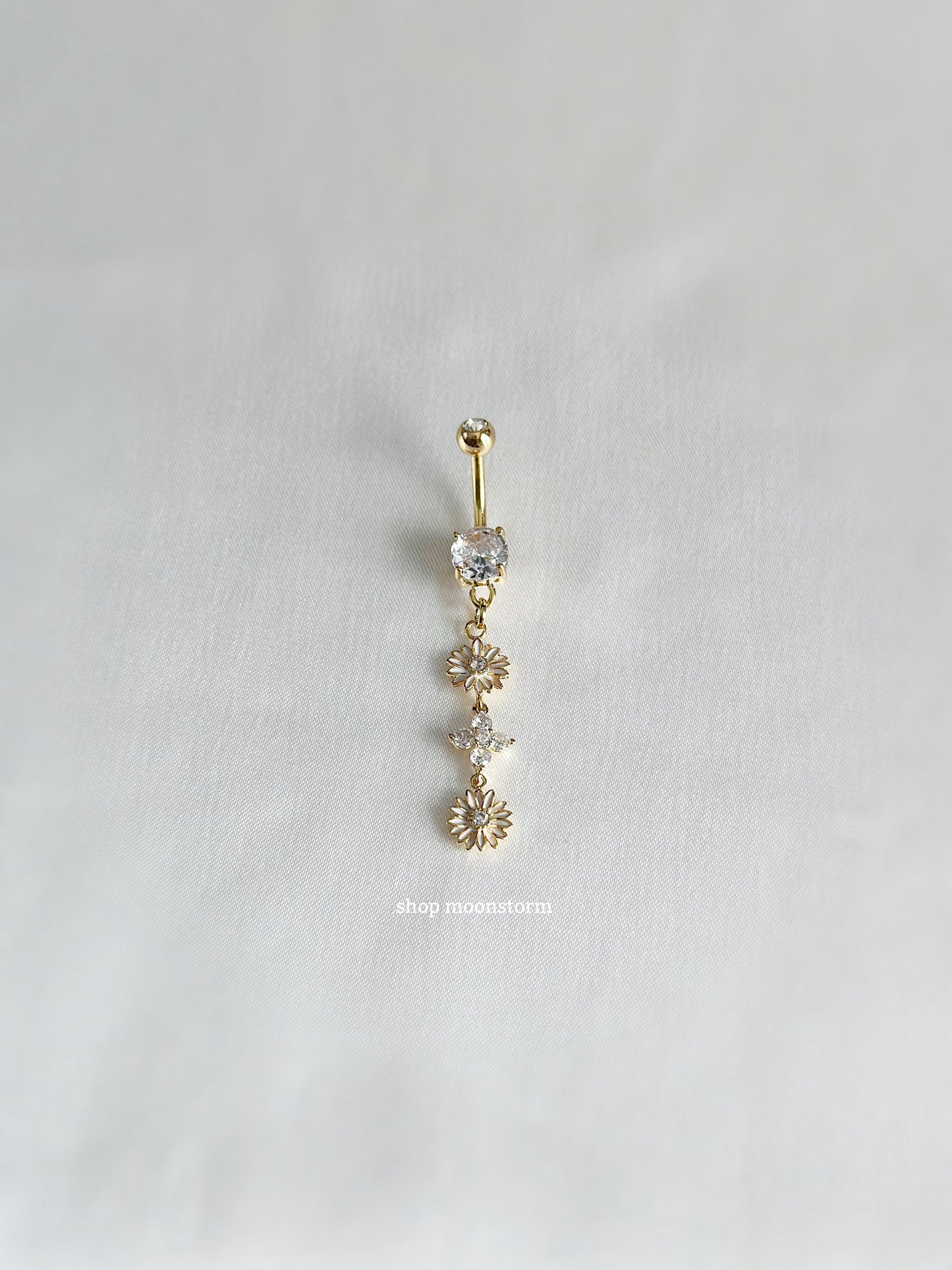 Gold Diamond Flower Dangle Belly Ring