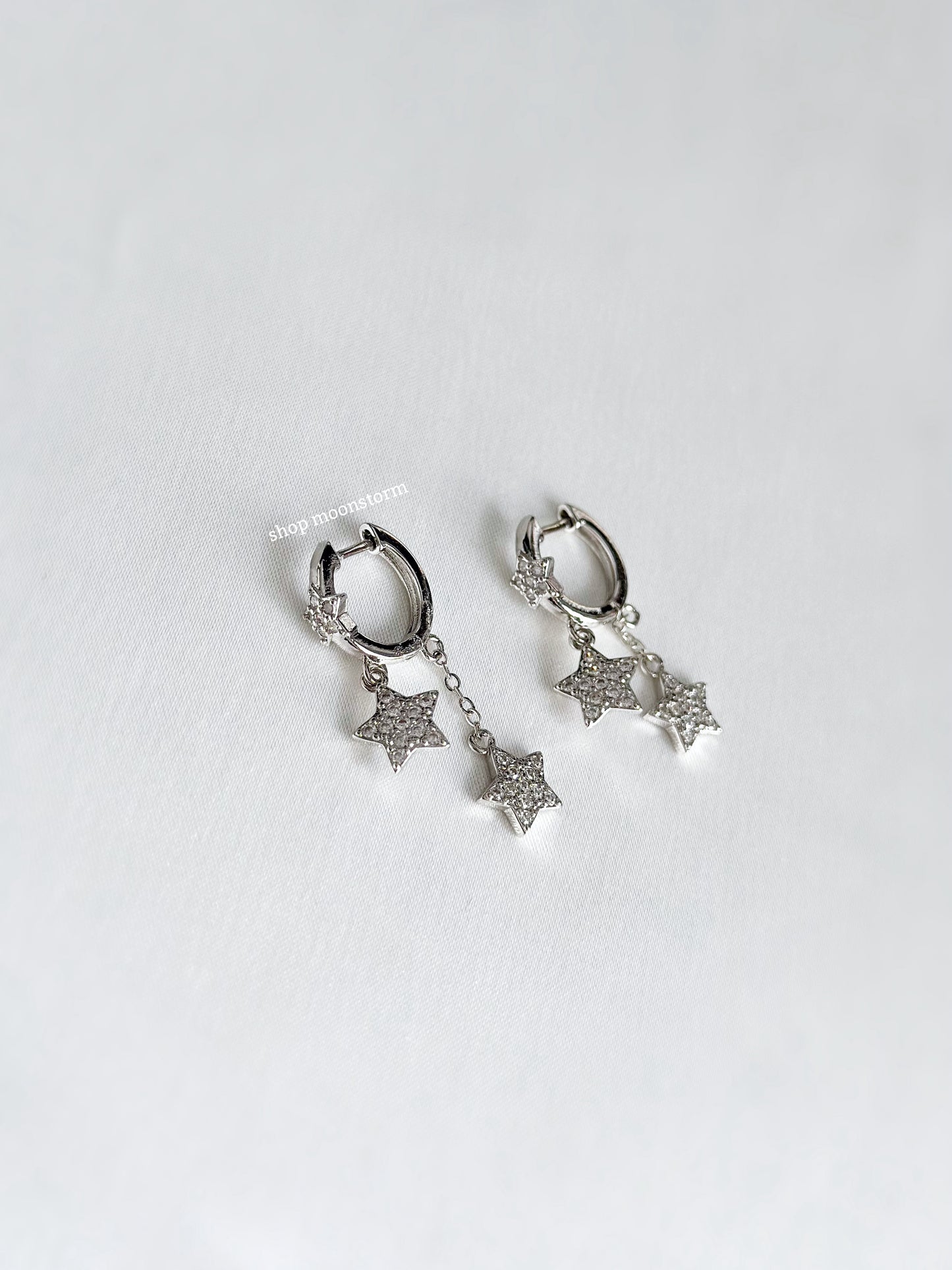 CZ Silver Star Dangle Hoop Earrings