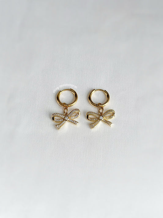 CZ Gold Ribbon Bow Hoop Earrings