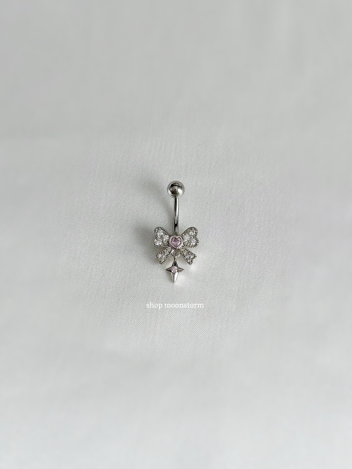 Pink Sparkle Ribbon Bow Belly Ring (Silver Version)