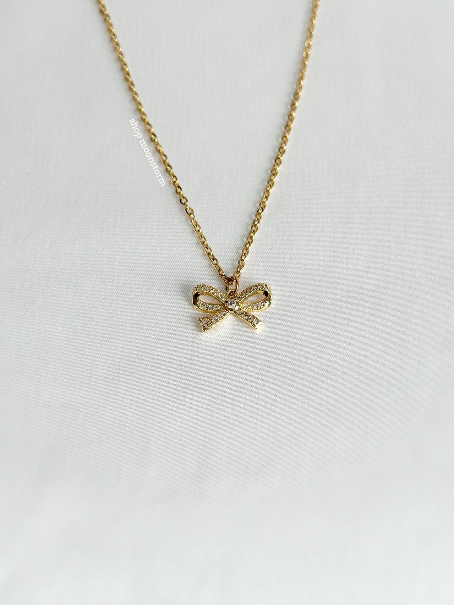 CZ Gold Ribbon Bow Necklace