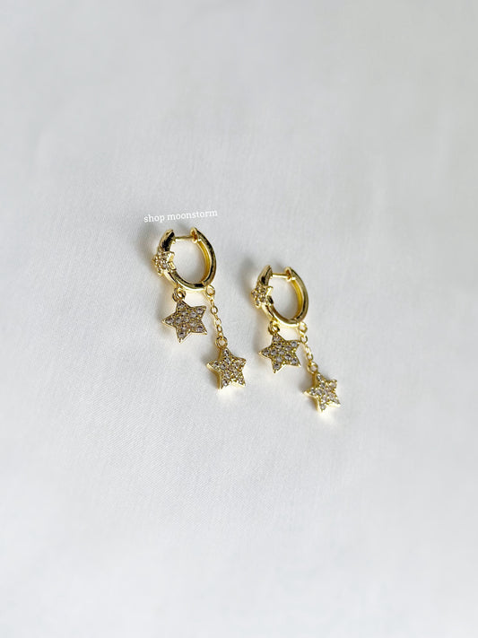 CZ Gold Star Dangle Hoop Earrings