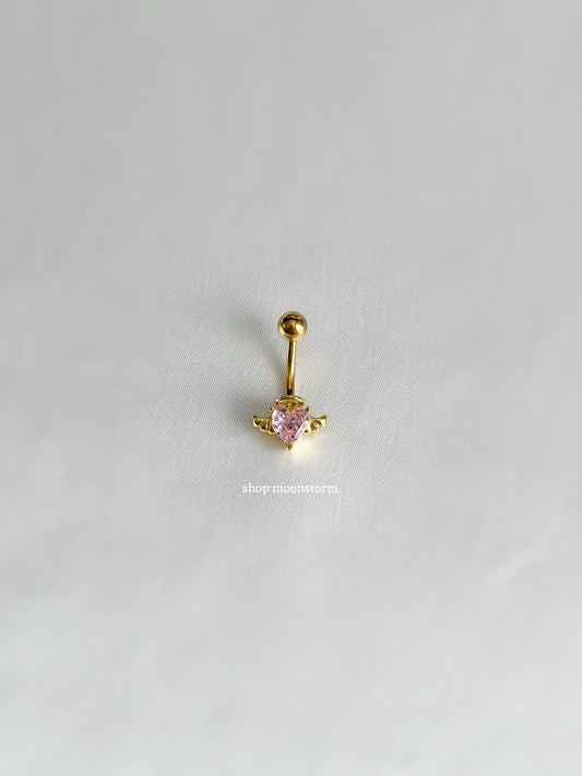 Pink Angel Wing Halo Heart Belly Ring (Gold Version)