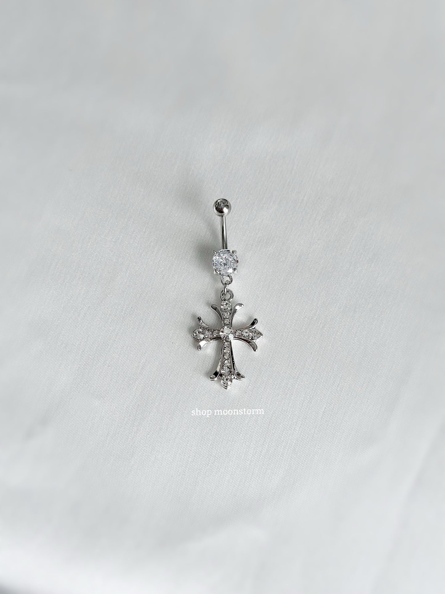 CZ Silver Cross Gem Belly Ring