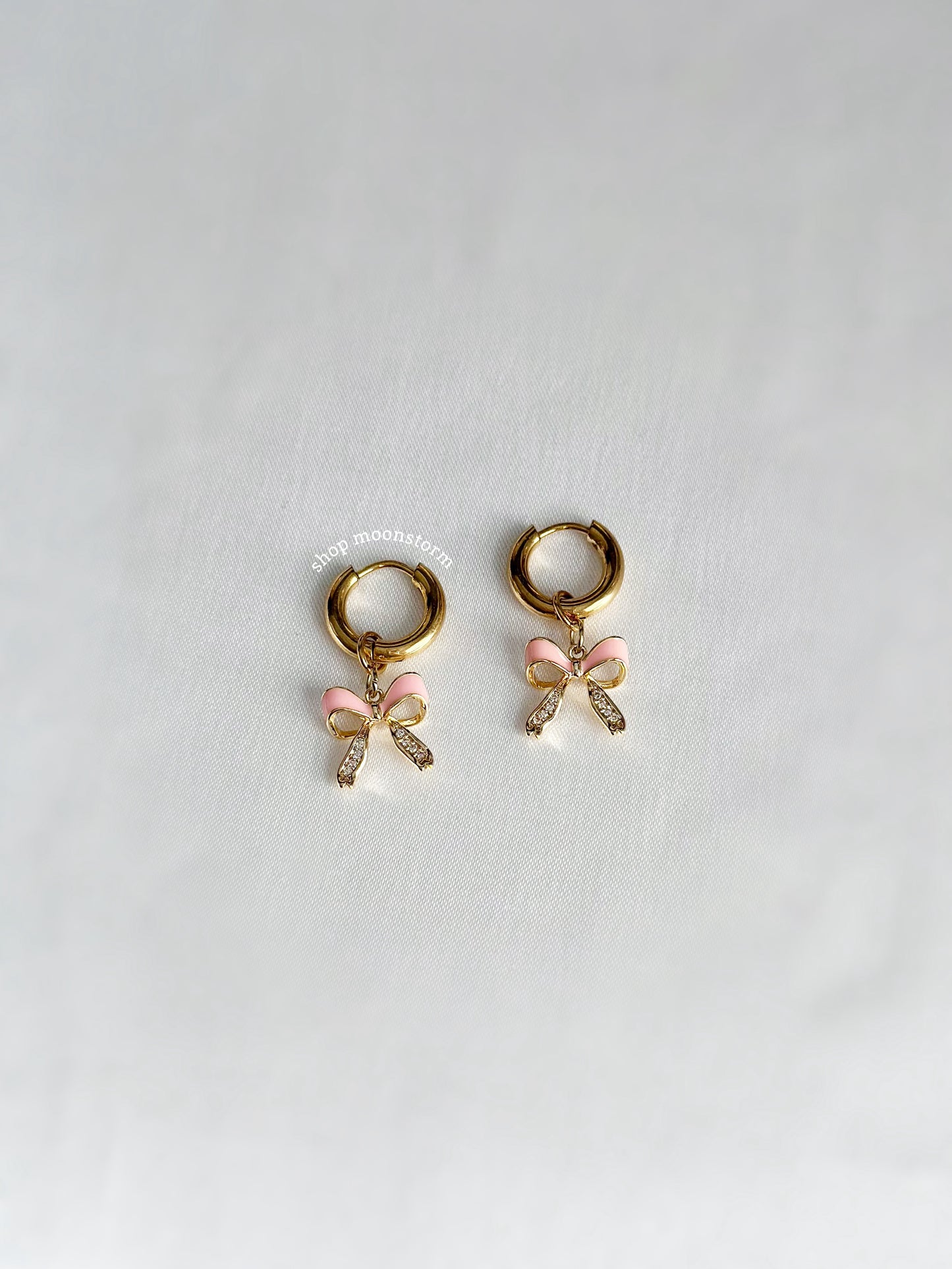 Gold Pink Bow Hoop Earrings