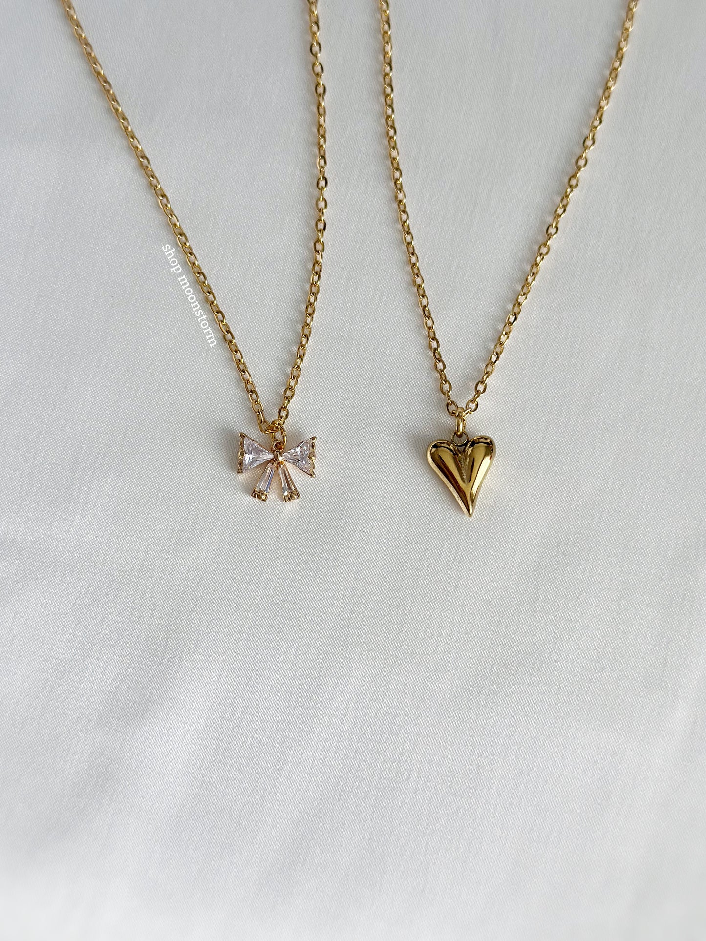 CZ Gold Ribbon Bow & Heart Necklace Pack (Set of Two)