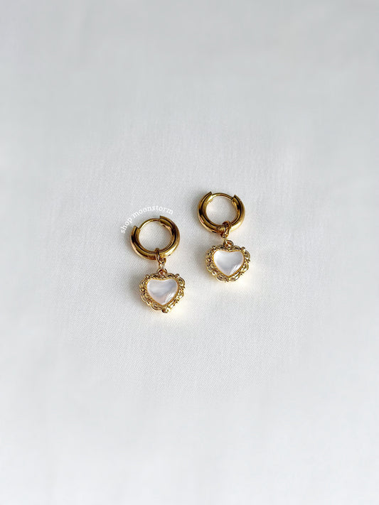 Gold Pearl Heart Amulet Hoop Earrings