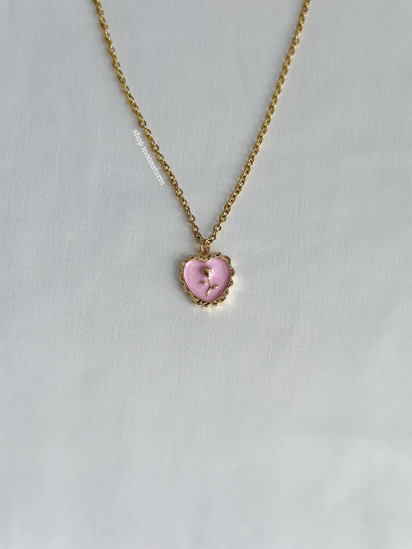 Pink Rose Heart Necklace (Gold Version)