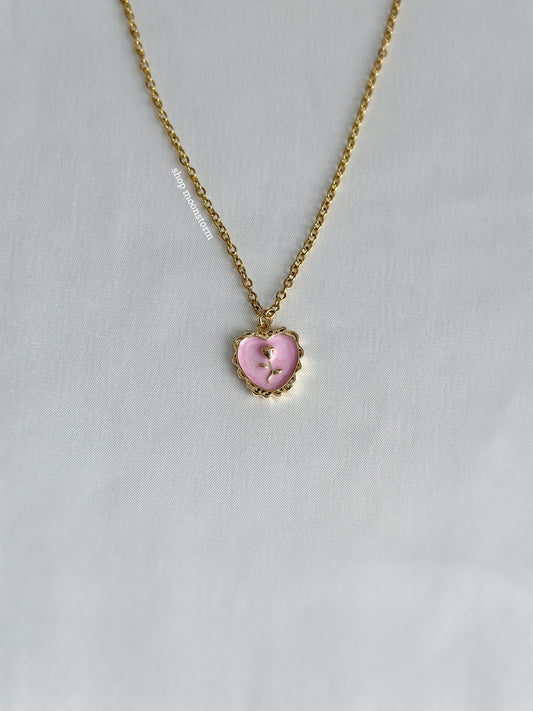 Pink Rose Heart Necklace (Gold Version)
