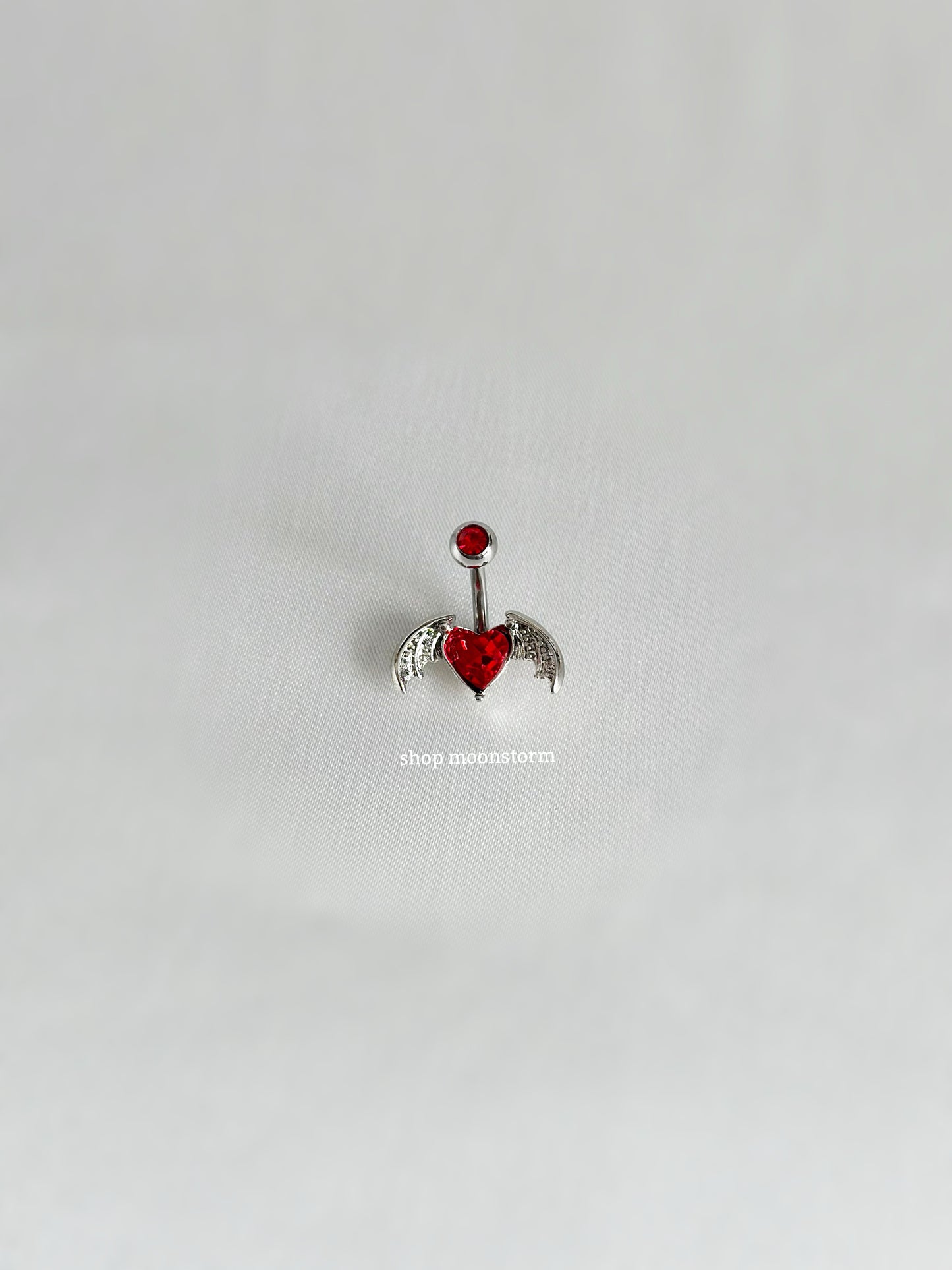 Red Heart Bat Wing Belly Ring (Silver Version)