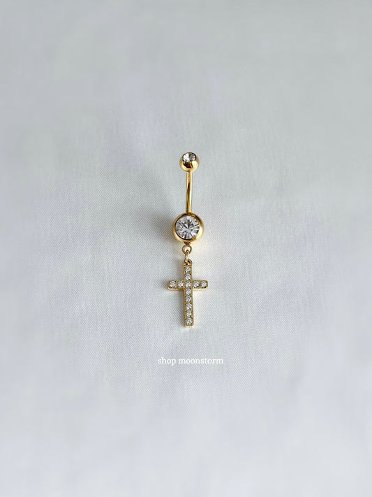 CZ Gold Cross Belly Ring