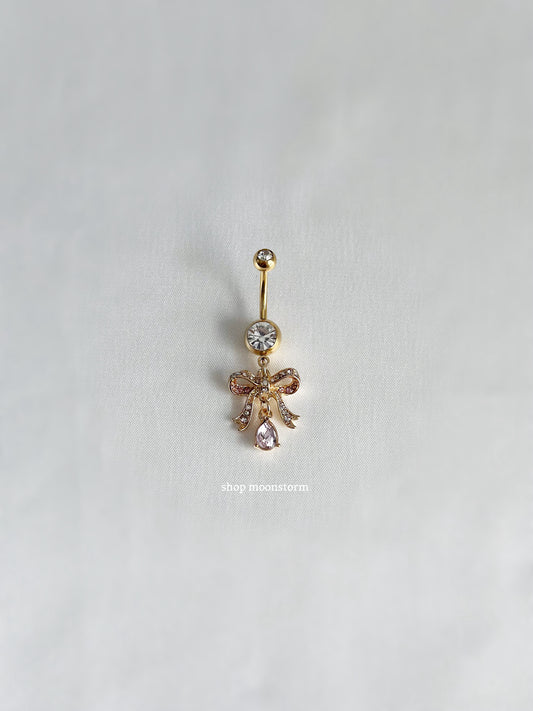 Pink Ribbon Bow Belly Ring (Gold Version)