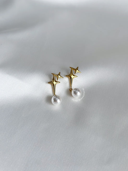 Gold Twin Stars Pearl Earrings