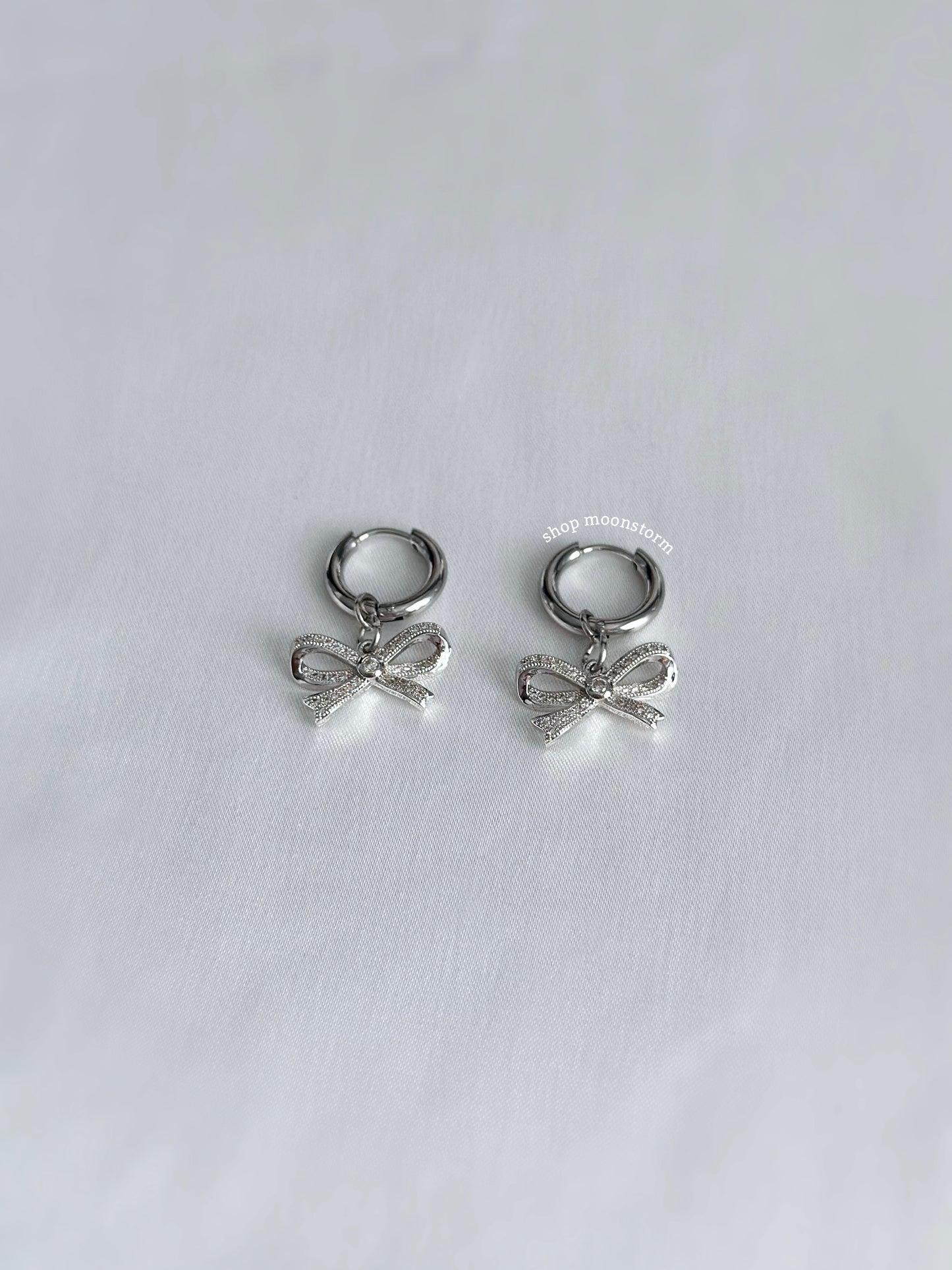 CZ Silver Ribbon Bow Hoop Earrings