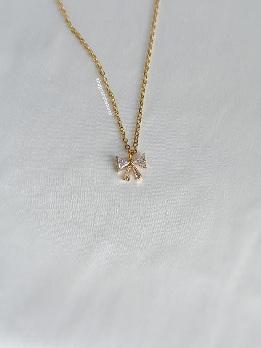 CZ Gold Ribbon Bow Necklace