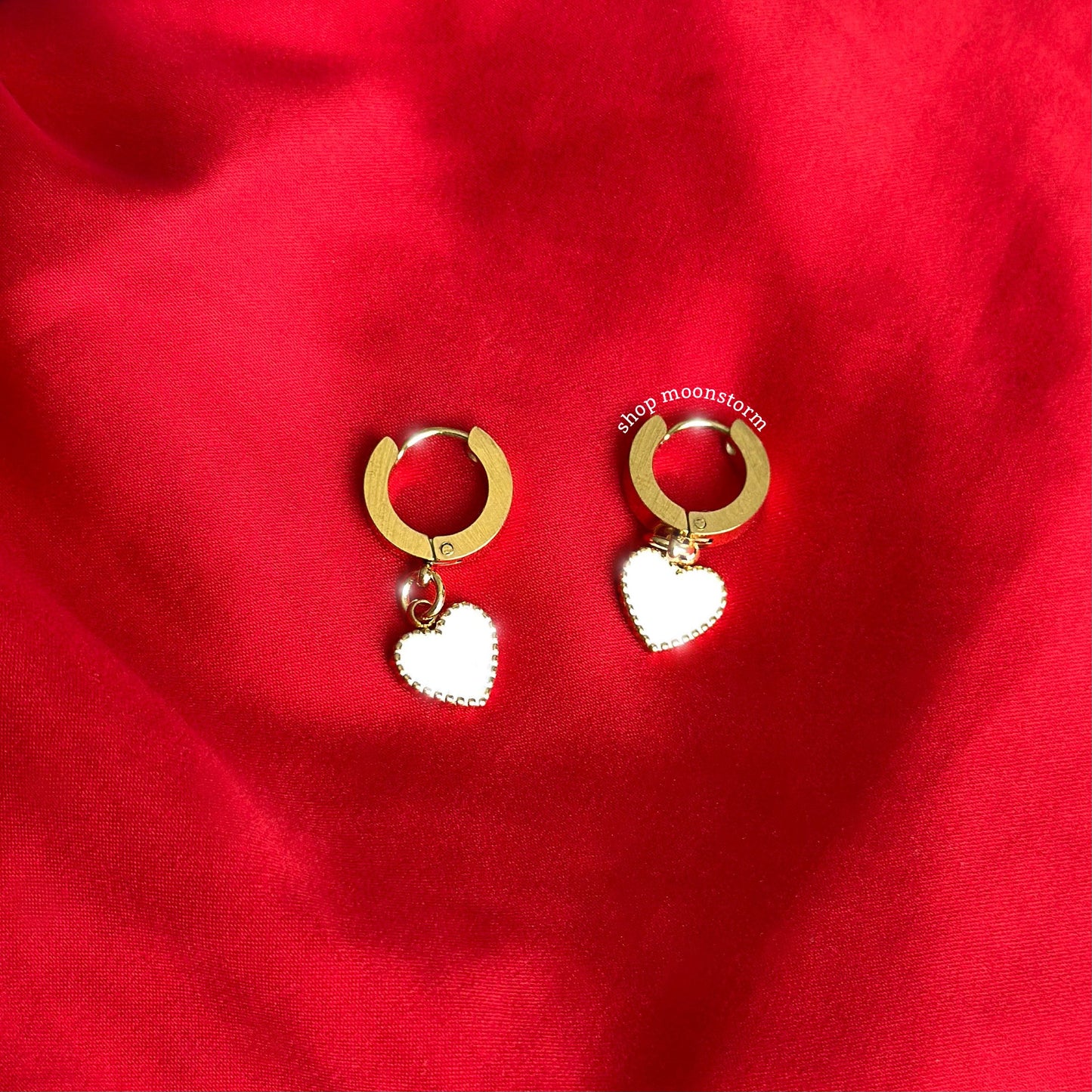 White Heart Hoop Earrings (Gold Version)
