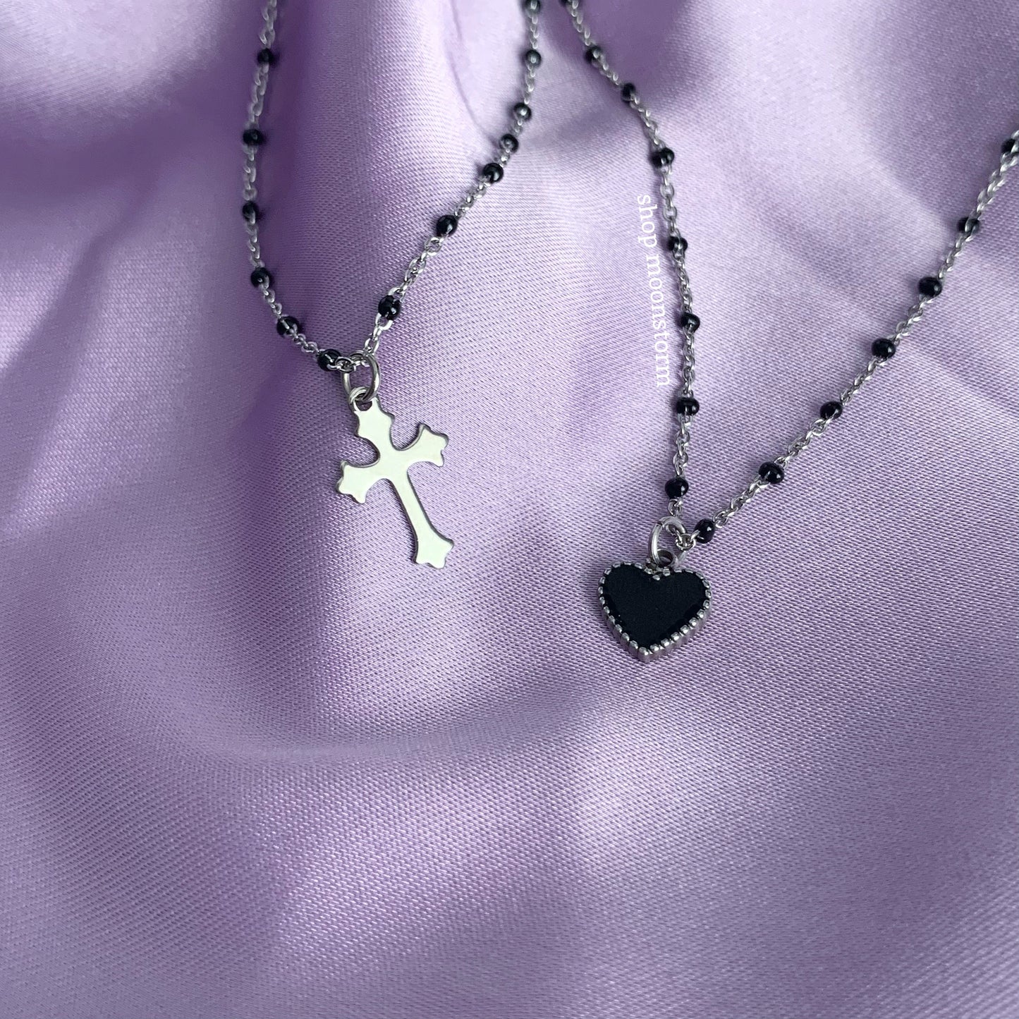 Black Heart & Cross Beaded Necklace Pack (Set of Two)